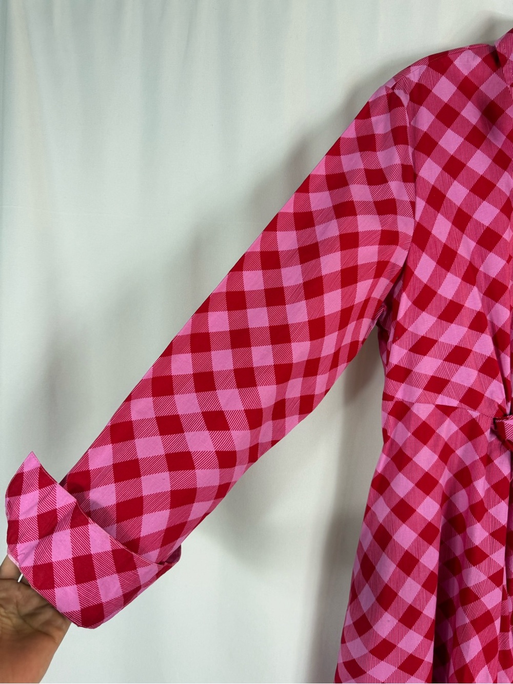 Scoop women dress Red Pink Gingham Twist-Waist Midi Shirt Dress size: L - Picture 8 of 17